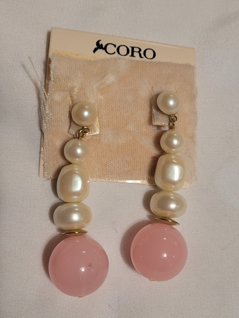 Vintage CORO Pink Lucite & Faux Pearl Dangle Earrings | Original Card | NOS